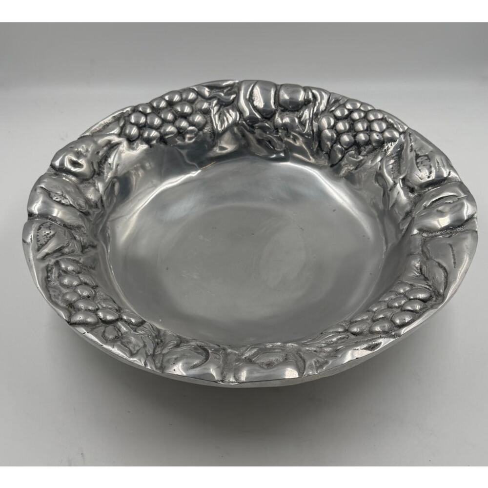 Vintage Solid Mexican Pewter 14-3/4” Fruit Grapes Apples Centerpiece Bowl
